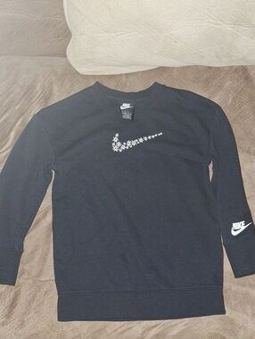 Nike Black Crewneck Sweatshirt with White Floral Swoosh